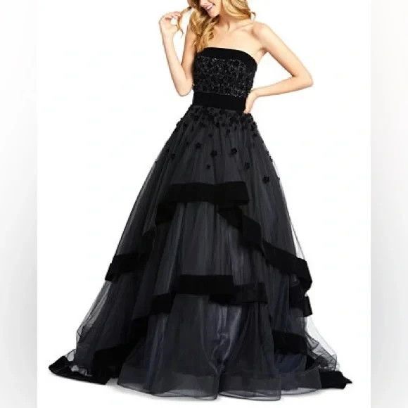 MAC DUGGAL 66346 Black Velvet Trim Floral 3D Beaded Strapless Ball Gown 10 NWOT - Picture 1 of 9